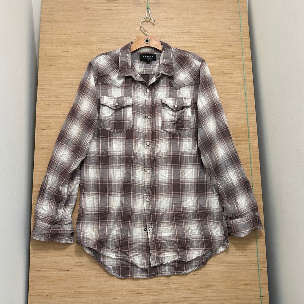 PacSun Mens Brown Plaid Western Pearl Snap Flannel Shirt Medium Long Sleeve